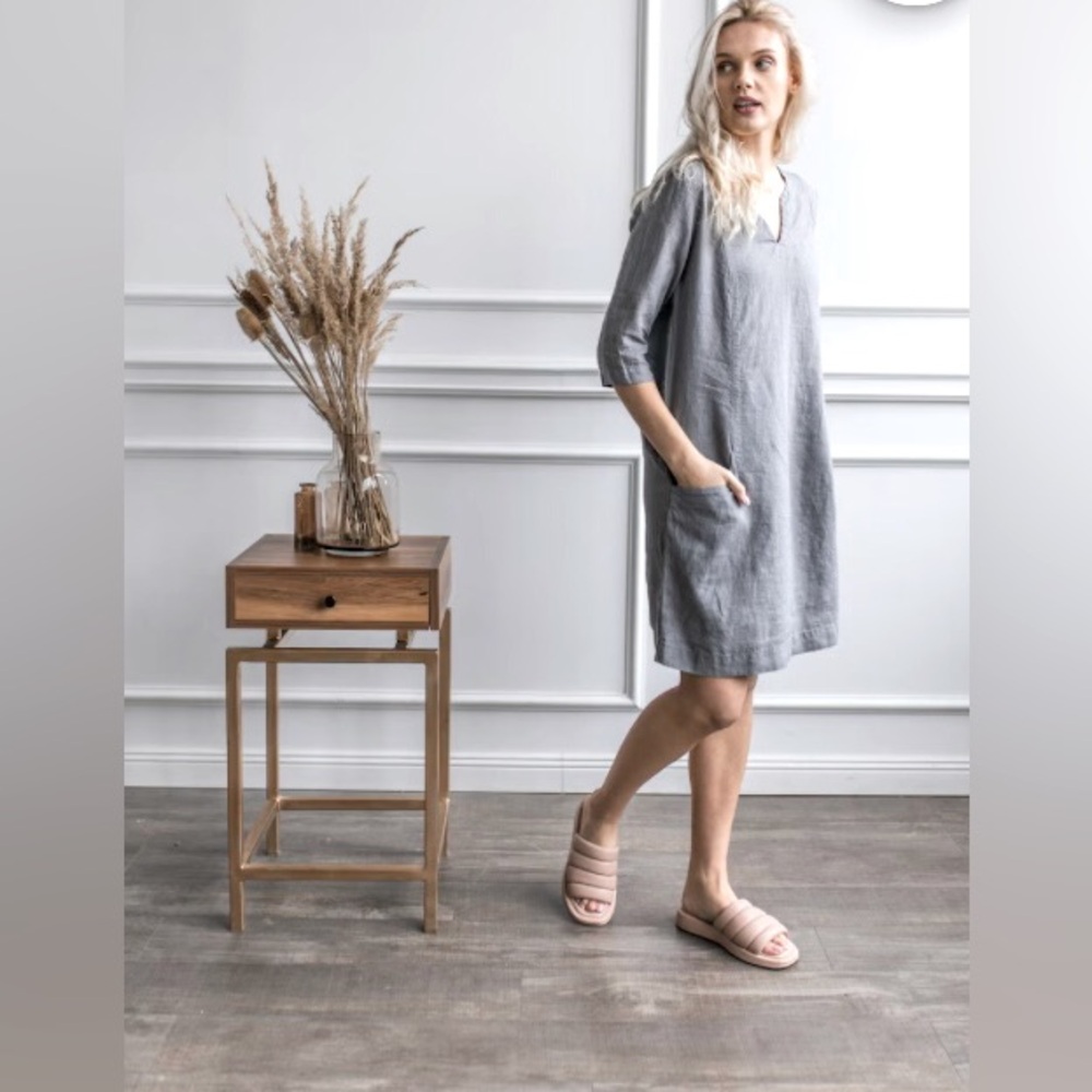 Grae Cove Grey 100% Stonewashed Linen Shift Midi Dress With Pockets NWOT Size L
